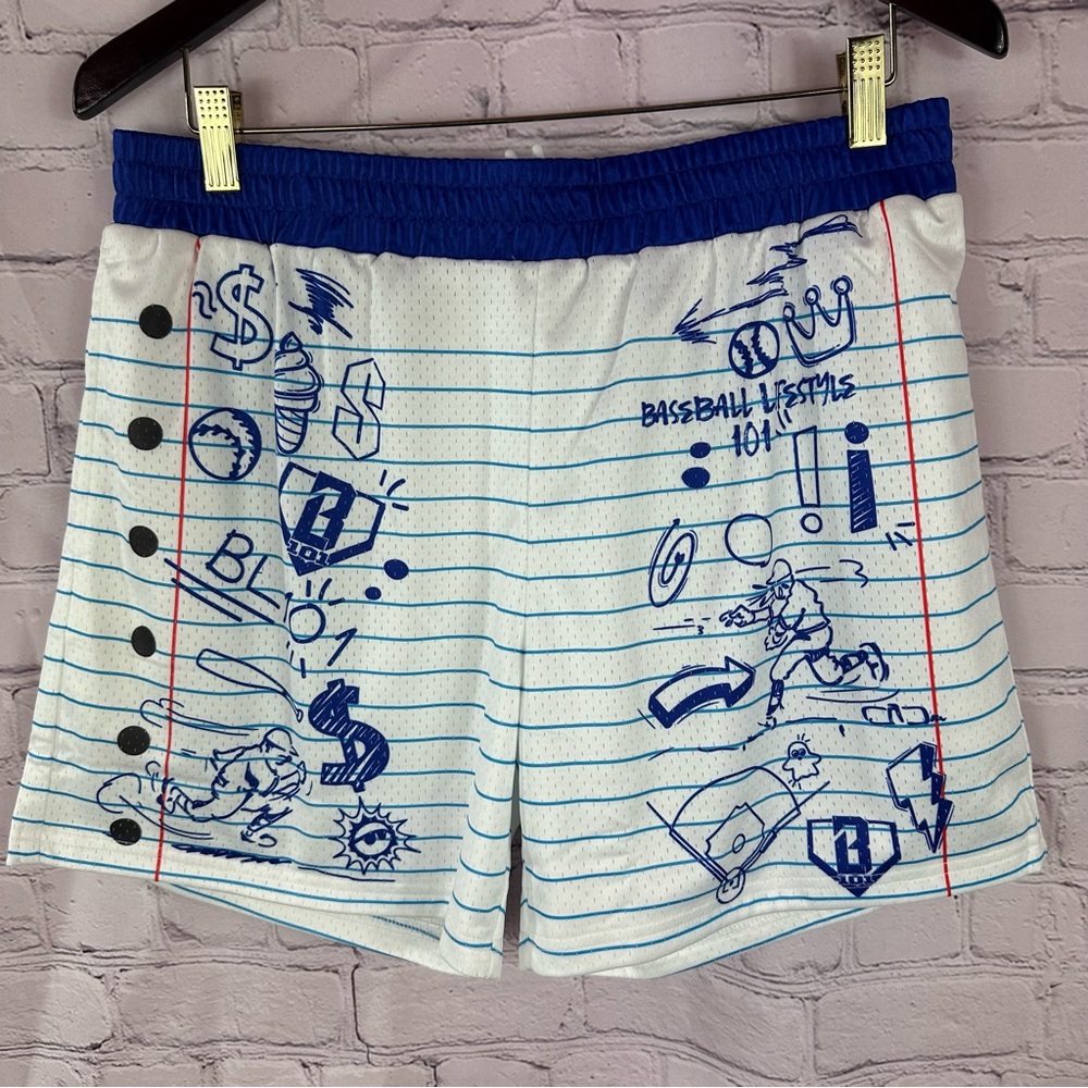 Athletic Men’s Baseball-Print Performance Shorts in Blue and White